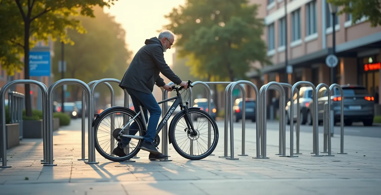 Stationnement vélo urbain avec espace élargi et signalétique PMR intégrée