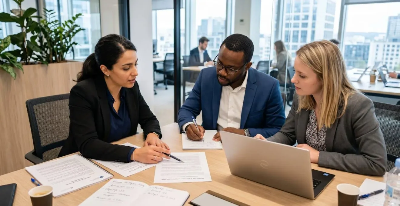 Une équipe de trois professionnels en costume analysant ensemble des documents officiels sur une grande table de réunion, avec ordinateur portable ouvert et notes manuscrites