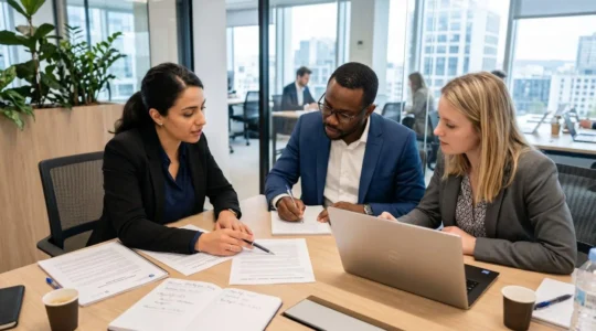 Une équipe de trois professionnels en costume analysant ensemble des documents officiels sur une grande table de réunion, avec ordinateur portable ouvert et notes manuscrites
