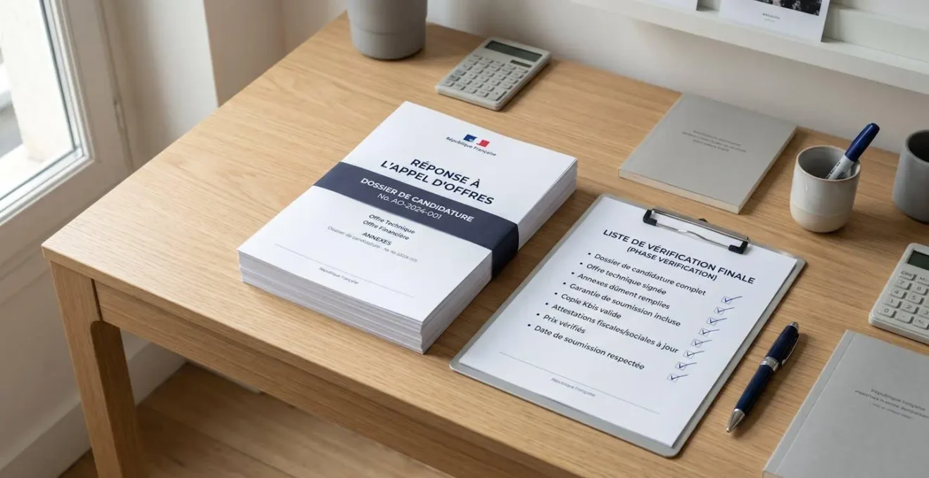 Vue rapprochée d'une main cochant méthodiquement une liste de vérification sur une tablette numérique, avec des classeurs et documents officiels visibles en arrière-plan flou